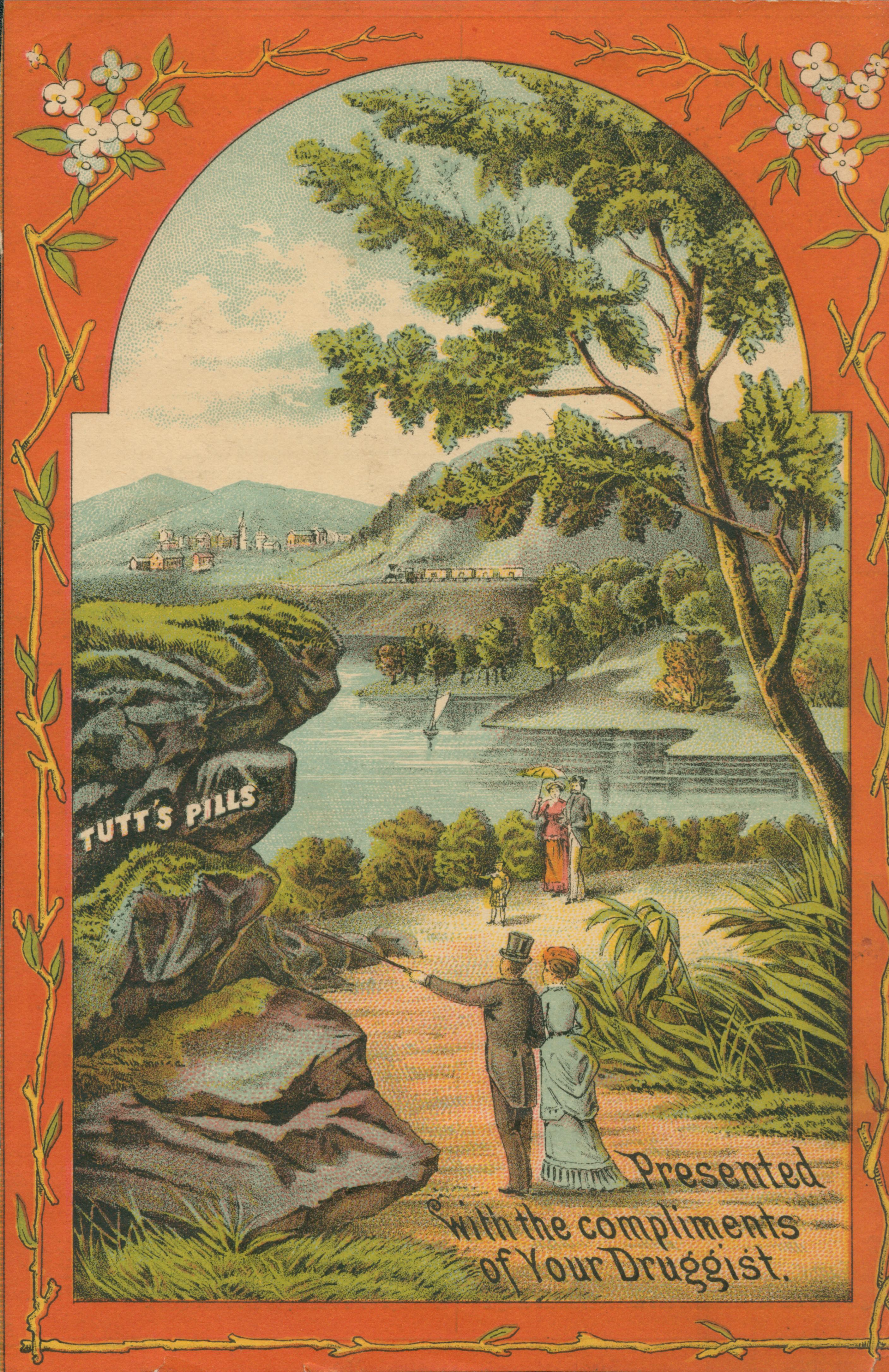 This trade card shows two couples strolling on a walkway along a shoreline. A rocky outrcopping bears the name 'Tutt's Pills.'